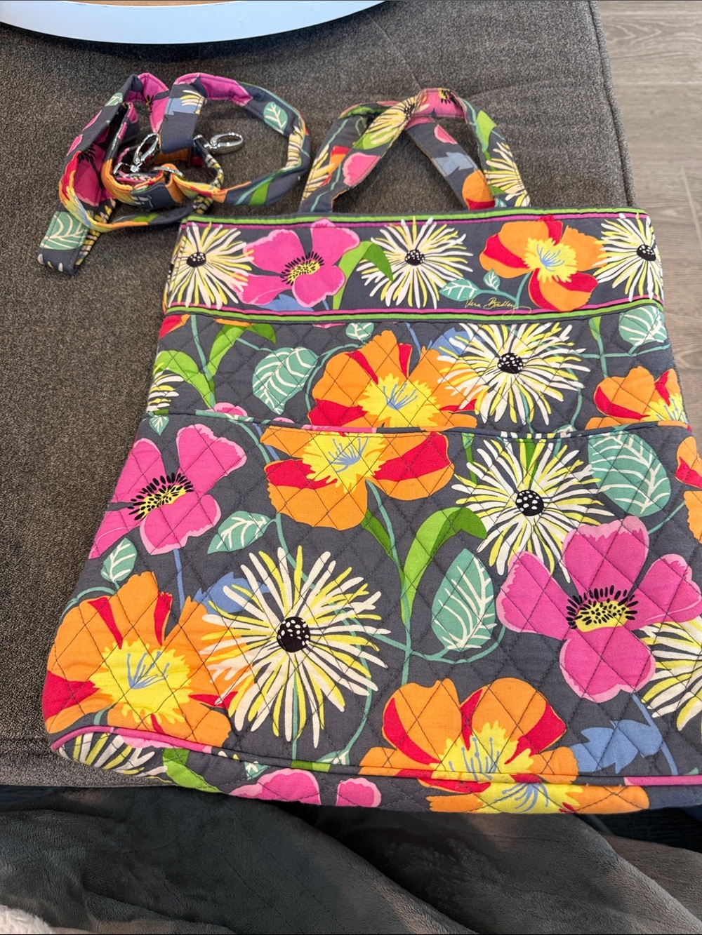 Vera Bradley Floral Quilted Crossbody in Gray with Pink, Orange & Green